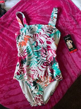 Eddie Bauer White One-Piece Swimsuit with Pink, Teal & Orange Leaf Print